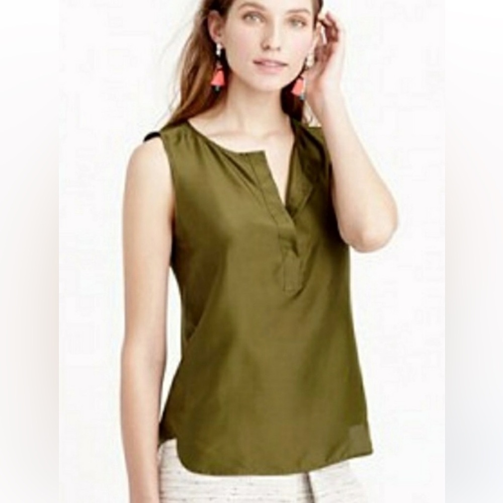 J. Crew Sleeveless 100%‎ Silk Top 1/4 zip front Olive Green Size 12